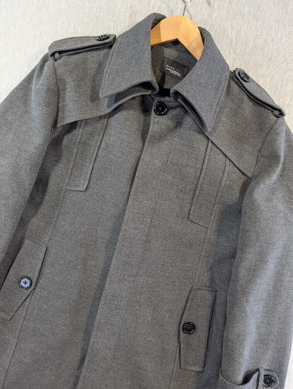 Zara Man Wool Blend Overcoat Men's XXL Charcoal Grey Military Style Jacket